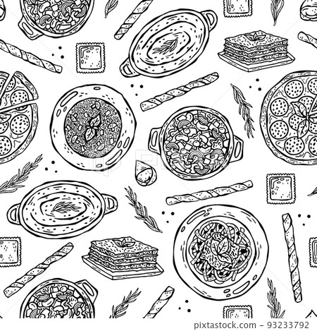 Vector seamless pattern of hand-drawn illustrations of Italian cuisine. Vector seamless pattern of hand-drawn illustrations of Italian cuisine. 93233792