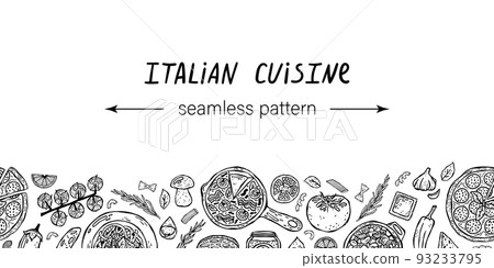 Vector horizontal seamless pattern of hand-drawn illustrations of Italian cuisine. 93233795