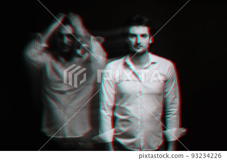 Abstract blurry portrait of a schizophrenic man with mental disorders and bipolar split personality Abstract blurry portrait of a schizophrenic man with mental disorders and bipolar split personality 93234226