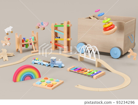 Children's toys on beige background. Multicolored wooden toys for toddler or baby. Eco friendly toy, plastic free. Toys store. 3d rendering. Children's toys on beige background. Multicolored wooden toys for toddler or baby. Eco friendly toy, plastic free. Toys store. 3d rendering. 93234296