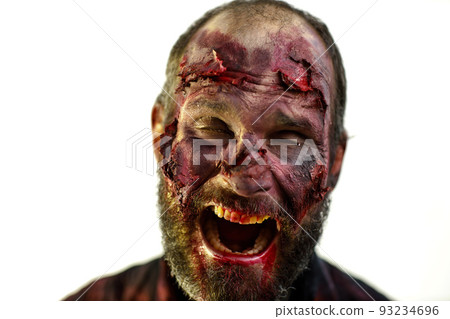 Zombie male makeup for halloween concept on white background Zombie male makeup for halloween concept on white background 93234696