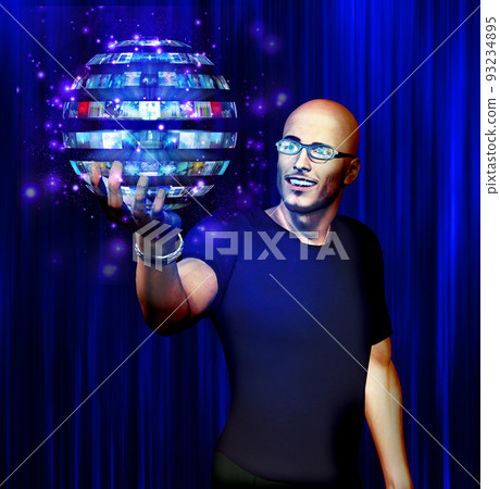 Man gazes into video sphere Man gazes into video sphere 93234895