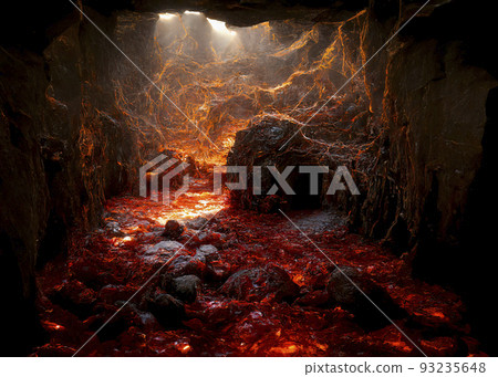Lava Tube Cave with Flowing Glowing Red Lava Along its Floor 93235648