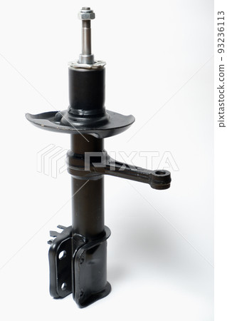 Car spare parts. Car front shock absorber. Contrasting photo on a white background. Front strut hydraulic shock absorber Car spare parts. Car front shock absorber. Contrasting photo on a white background. Front strut hydraulic shock absorber 93236113