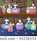 A set of vector magic bottles and flasks. Colorful magic potions. Cartoon cliparts, symbols 93236554