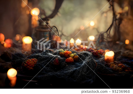 abstract halloween background of dry grass and candles in spooky misty forest, neural network generated image. abstract halloween background of dry grass and candles in spooky misty forest, neural network generated image. 93236968
