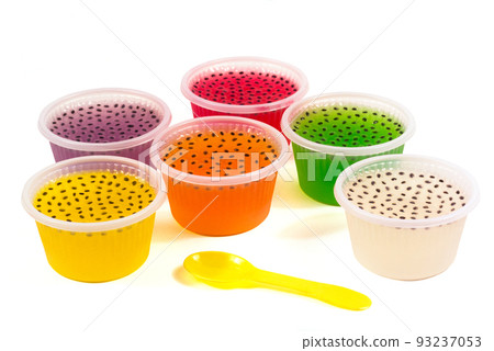 Colorful of homemade fruit gelatin mixed grain seeds in plastic cups with spoon isolated on white background with clipping path. Colorful of homemade fruit gelatin mixed grain seeds in plastic cups with spoon isolated on white background with clipping path. 93237053