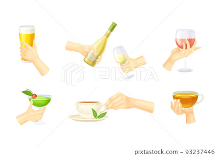 Hands Holding Different Drinks with Glass of Champagne, Beer and Tea Cup Vector Set Hands Holding Different Drinks with Glass of Champagne, Beer and Tea Cup Vector Set 93237446