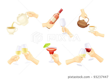 Hands Holding Different Drinks with Glass of Champagne, Wine and Tea Cup Vector Set Hands Holding Different Drinks with Glass of Champagne, Wine and Tea Cup Vector Set 93237447