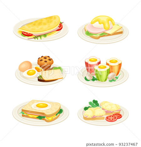 Tasty Dishes with Eggs Served on Plate as Savory Breakfast Meal Vector Set Tasty Dishes with Eggs Served on Plate as Savory Breakfast Meal Vector Set 93237467