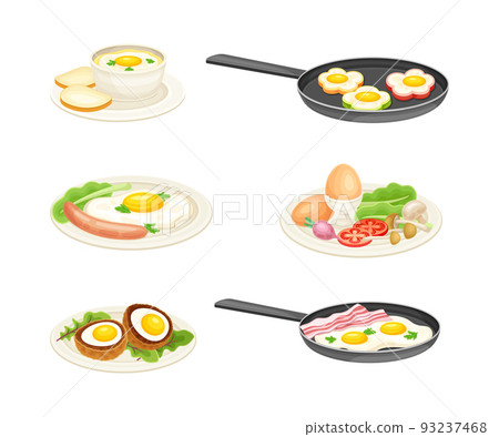 Tasty Dishes with Eggs Served on Plate as Savory Breakfast Meal Vector Set 93237468