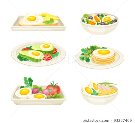 Tasty Dishes with Eggs Served on Plate as Savory Breakfast Meal Vector Set Tasty Dishes with Eggs Served on Plate as Savory Breakfast Meal Vector Set 93237469