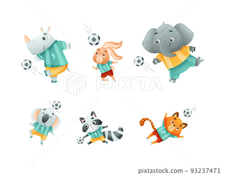 Wild Animal Characters Playing Football Wearing Uniform Passing Ball Vector Set Wild Animal Characters Playing Football Wearing Uniform Passing Ball Vector Set 93237471