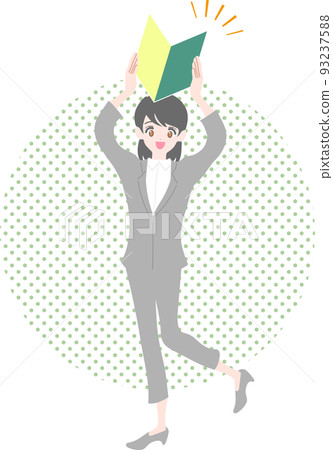 A woman in a suit holding a beginner's mark A woman in a suit holding a beginner's mark 93237588