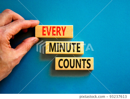 Every minute counts symbol. Concept words Every minute counts on wooden blocks on a beautiful blue table blue background. Businessman hand. Business, motivational and every minute counts concept. 93237613