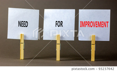 Need for improvement and support symbol. Concept words Need for improvement on white paper on clothespins. Beautiful grey background. Business and need for improvement quote concept. Copy space. 93237642