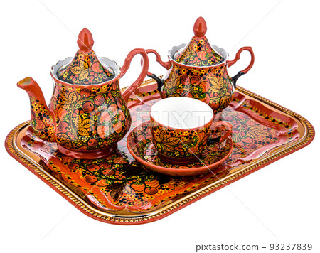 Tea Set of Old Traditional Russian folk utensils. Dishes with handmade painting floral ornament in style of Khokhloma isolated on white background. 93237839