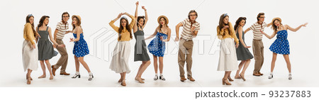 Collage. Group of young cheerful people, man and woman in stylish retro clothes att the party, dancing isolated over white background Collage. Group of young cheerful people, man and woman in stylish retro clothes att the party, dancing isolated over white background 93237883