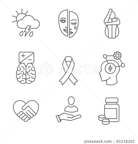 Bipolar Disorder or Depression BP Icon Set Showing Mental Health Issue Symptoms 93238202