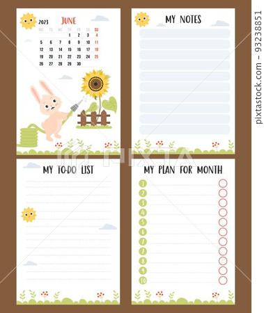 June 2023. Farm calendar for month with cute bunny watering sunflower. Vector set of vertical a4 page, templates planner, to-do list, my plan and notes. Week from Monday, in English. year of rabbit. June 2023. Farm calendar for month with cute bunny watering sunflower. Vector set of vertical a4 page, templates planner, to-do list, my plan and notes. Week from Monday, in English. year of rabbit. 93238851