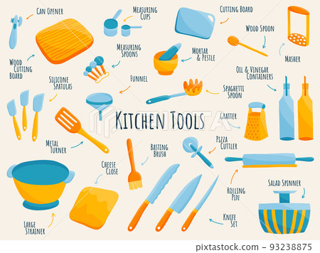 Colorful sets of kitchen tools: spade, knife, spatula, funnel, grater, rolling pin, spoons, cups.Kitchenware collection. Colorful sets of kitchen tools: spade, knife, spatula, funnel, grater, rolling pin, spoons, cups.Kitchenware collection. 93238875