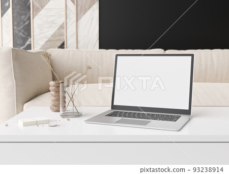 Laptop with blank white screen, on white table at home. Computer mock up. Free, copy space for app, game, web site presentation. Empty laptop screen ready for your design. Modern interior. 3D render. Laptop with blank white screen, on white table at home. Computer mock up. Free, copy space for app, game, web site presentation. Empty laptop screen ready for your design. Modern interior. 3D render. 93238914