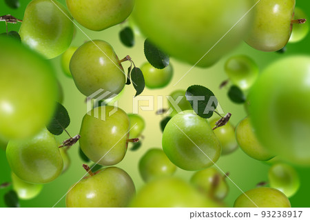 Fruits falling down on green background Fruits falling down on green background 93238917