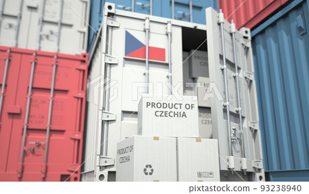 Cartons with goods from Czechia and shipping containers in the port terminal or warehouse. National production related conceptual 3D rendering 93238940