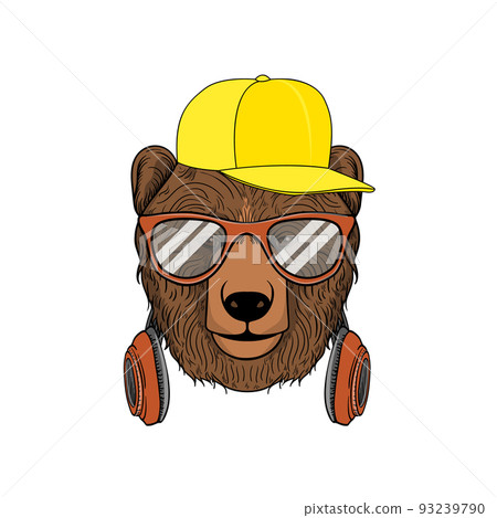 Hand drawn vector bear illustration with glasses and headphone, for tshirt prints, posters and other uses. 93239790