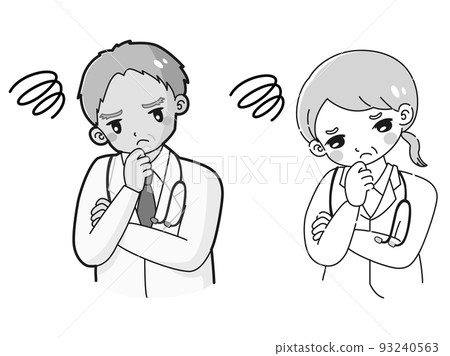Illustration of a senior female doctor and a male doctor wearing a worried white coat (black and white) 93240563