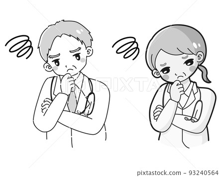 Illustration of a senior female doctor and a male doctor wearing a worried white coat (black and white) 93240564