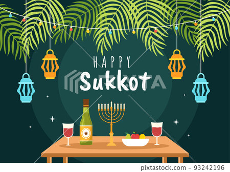 Happy Jewish Holiday Sukkot Hand Drawn Cartoon Flat Illustration with Sukkah, Etrog, Lulav, Arava, Hadas and Decoration Background Design Happy Jewish Holiday Sukkot Hand Drawn Cartoon Flat Illustration with Sukkah, Etrog, Lulav, Arava, Hadas and Decoration Background Design 93242196