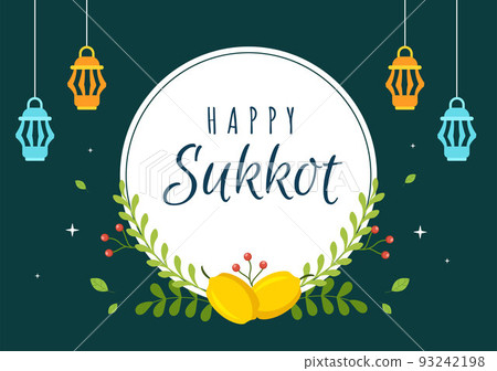 Happy Jewish Holiday Sukkot Hand Drawn Cartoon Flat Illustration with Sukkah, Etrog, Lulav, Arava, Hadas and Decoration Background Design 93242198