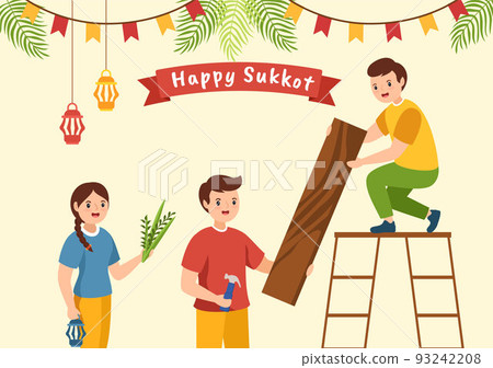 Happy Jewish Holiday Sukkot Hand Drawn Cartoon Flat Illustration with Sukkah, Etrog, Lulav, Arava, Hadas and Decoration Background Design 93242208