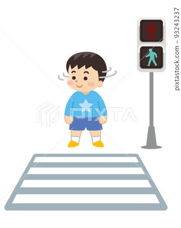 一個男孩在人行橫道確認安全 交通安全 93243237