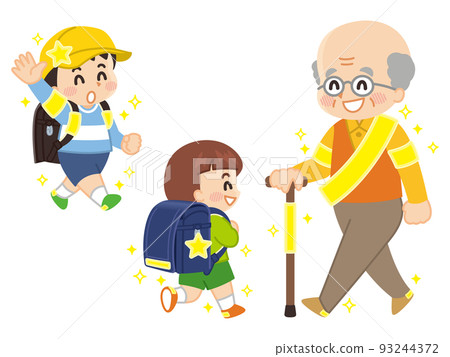 Elementary school students and senior men with reflectors Traffic safety 93244372