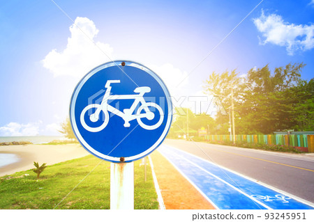 Blue bicycle lane warning sign. Blue bicycle lane warning sign. 93245951