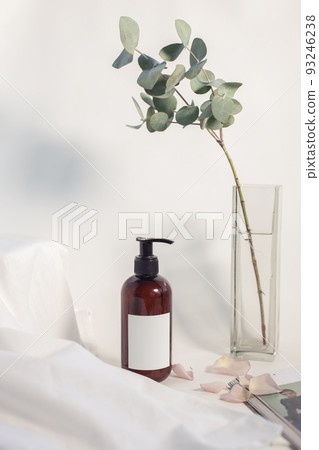 Body lotion layout on white background, minimalistic, spare place on sticker 93246238