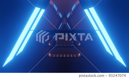 Spaceship Science ficiton Room Tunnel. Abstract colorful neon glowing light background. Speed light illuminated. Florescent on the dark scene. Curvy moving line shape. 3D render. 93247074