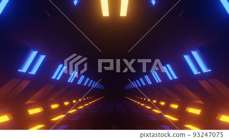 Spaceship Science ficiton Room Tunnel. Abstract colorful neon glowing light background. Speed light illuminated. Florescent on the dark scene. Curvy moving line shape. 3D render. 93247075