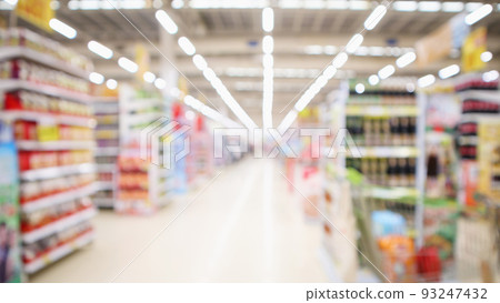 Abstract blur supermarket aisle with colorful product on shelves background Abstract blur supermarket aisle with colorful product on shelves background 93247432
