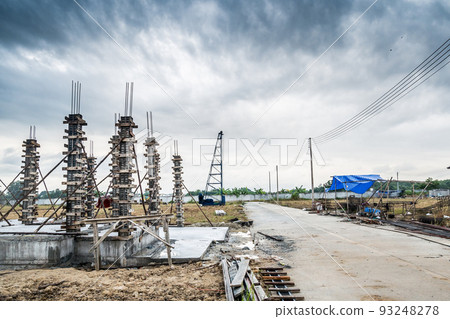 installation of cement formwork frames to new house construction at building site, real estate development 93248278