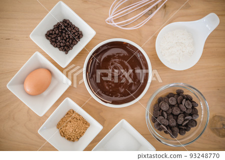 Top view of ingredients for a baking chocolate brownie or cake. 93248770