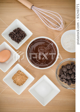 Top view of ingredients for a baking chocolate brownie or cake. 93248771