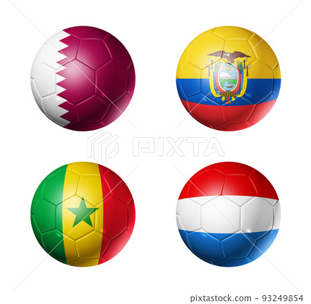 Qatar football 2022 group A flags on soccer balls. 3D illustration isolated on white background 93249854