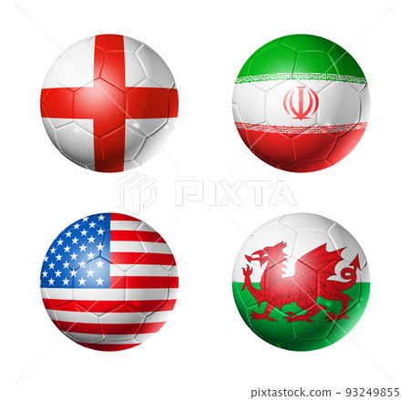 Qatar football 2022 group B flags on soccer balls. 3D illustration isolated on white background 93249855