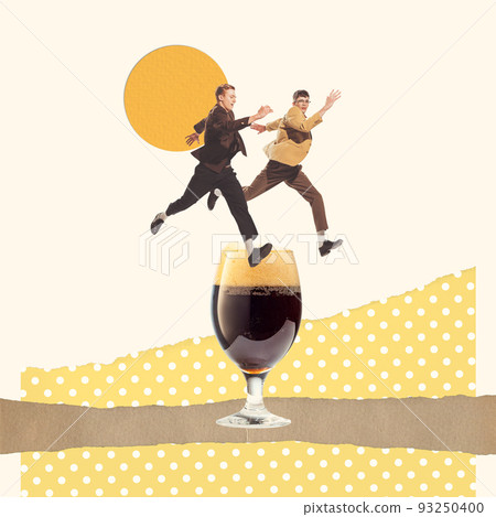 Contemporary art collage. Cheerful stylsih men jumping over glass with dark foamy beer. Celebration Contemporary art collage. Cheerful stylsih men jumping over glass with dark foamy beer. Celebration 93250400
