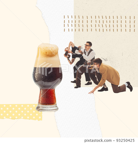 Contemporary art collage. Group of young men in stylish retro clothes taking photo of dark foamy beer Contemporary art collage. Group of young men in stylish retro clothes taking photo of dark foamy beer 93250425