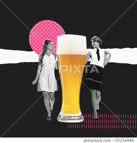 Contemporary art collage. Beautiful young women in retro style dresses walkign near big ager beer isolated on black background Contemporary art collage. Beautiful young women in retro style dresses walkign near big ager beer isolated on black background 93250440