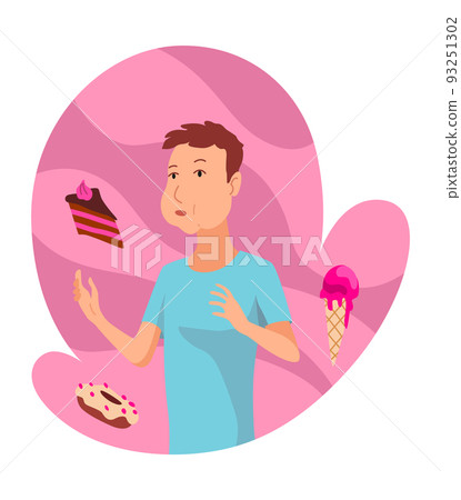 Allergic reactions concept. Symptoms of disease. Man with hypersensitivity and reaction of immune system on some food Allergic reactions concept. Symptoms of disease. Man with hypersensitivity and reaction of immune system on some food 93251302